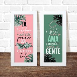 Dupla de Quadros Decorativos Amor Plantas Costela Adão Frase Rosa Verde - 4