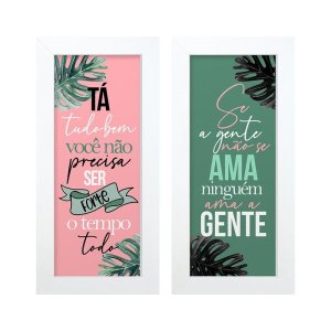 Dupla de Quadros Decorativos Amor Plantas Costela Adão Frase Rosa Verde