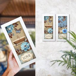 Dupla de Quadros Decorativos Banheiro Lavabo Conjunto Flores Azul - 2