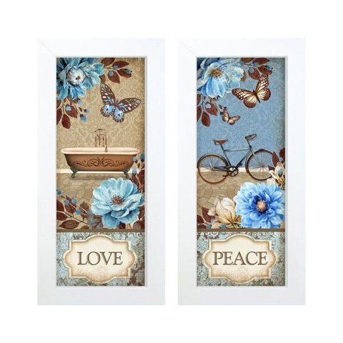 Dupla de Quadros Decorativos Banheiro Lavabo Conjunto Flores Azul