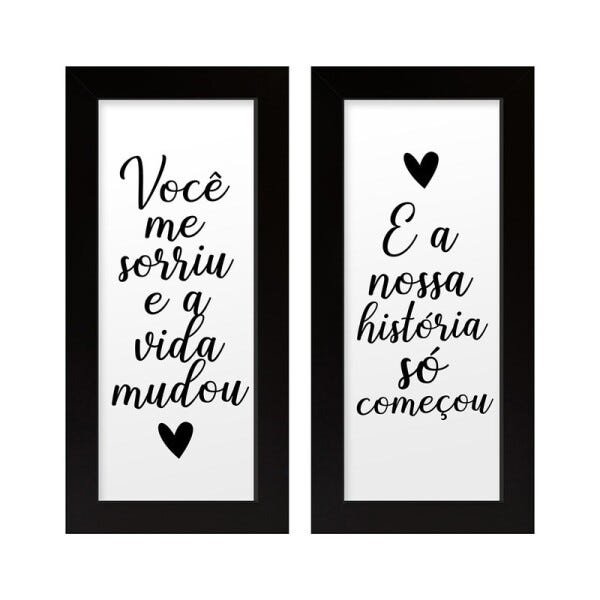 Dupla de Quadros Decorativos Frase Quarto Casal Preto Branco Namorados Amor - 1