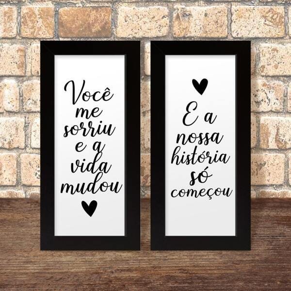 Dupla de Quadros Decorativos Frase Quarto Casal Preto Branco Namorados Amor - 5