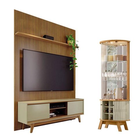 Estante Home Theater com Bancada Suspensa Milo com Cristaleira Marina Cumaru Opala - Madetec
