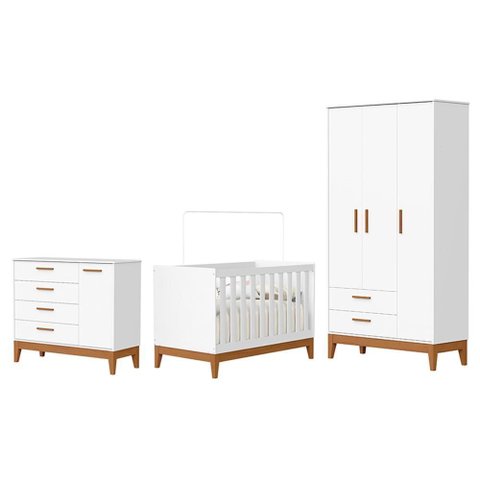 Dormitório Infantil Flip Guarda Roupa 3 Portas, Cômoda 1 Porta e Berço Branco Fosco - Reller Mó