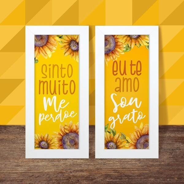 Dupla de Quadros Decorativos Frases Gratidão Girassol Flores Amerelo Amor - 5