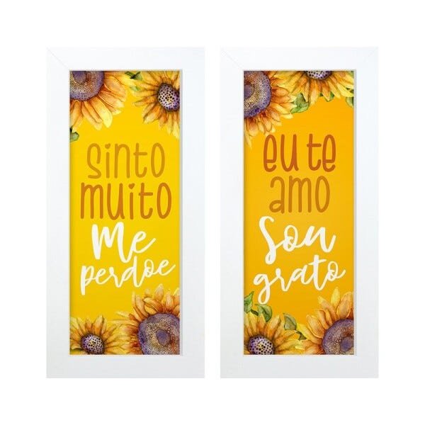 Dupla de Quadros Decorativos Frases Gratidão Girassol Flores Amerelo Amor - 1