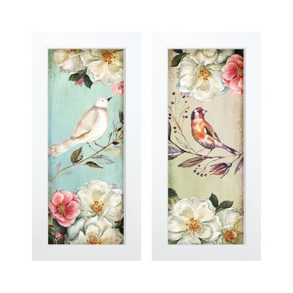 Dupla de Quadros Decorativos Pássaro Flores Vintage Sala Kit - 1