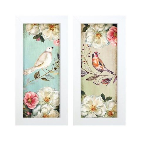 Dupla de Quadros Decorativos Pássaro Flores Vintage Sala Kit
