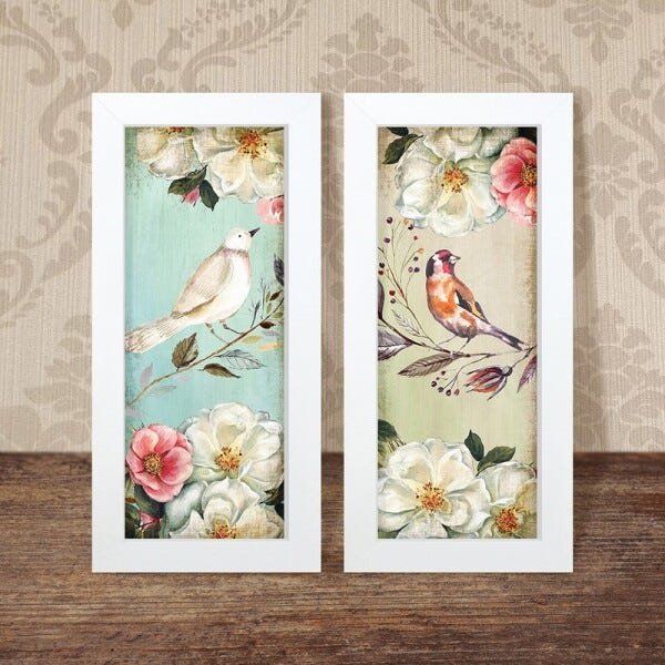 Dupla de Quadros Decorativos Pássaro Flores Vintage Sala Kit - 4