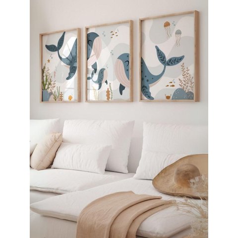 Kit 3 Quadros Infantil Animais Fundo Oceano Quarto Bebê Menino Menina 40x60 Moldura Madeira NO1