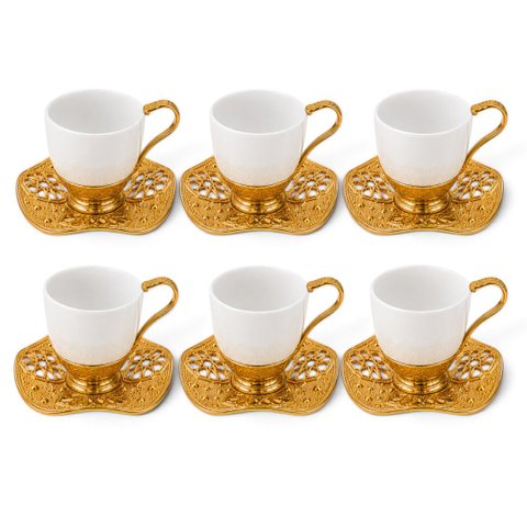 Jogo de Xícaras de Café Chá em Porcelana Branca com Detalhes Dourado 12 Peças