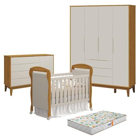 Quarto de Bebê 4 Portas com Cômoda com Porta Elfe Classic e Berço Americano Danny Areia Savana