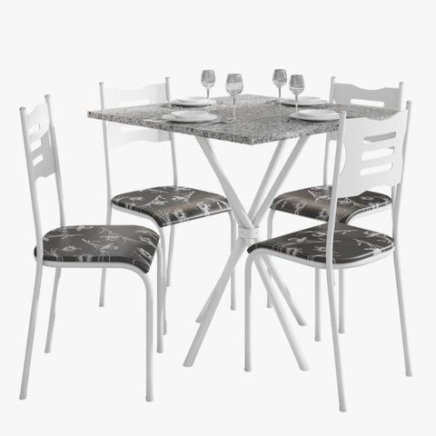 Kit Mesa Diamante 542 Sala de Jantar 4 Cadeiras Pés Tubular Floral/branco