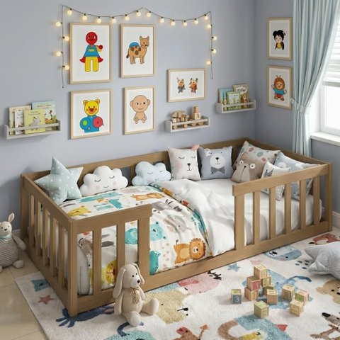 Cama Montessoriana Solteiro com Grades de Proteção Nogueira
