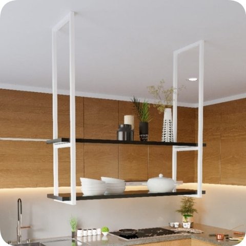Nicho Branco Prateleira Suspensa Teto Cozinha Preta 1.20mt