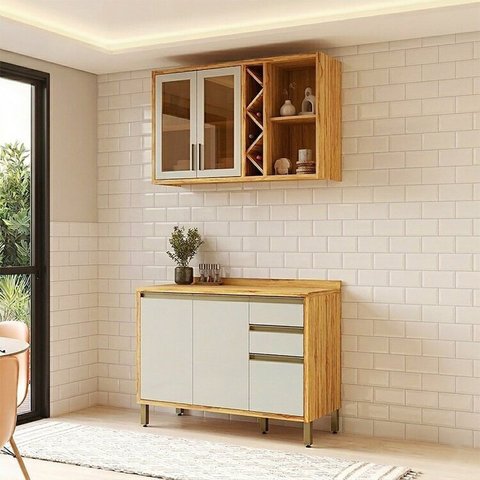 Cozinha Modulada Compacta 2 Peças 4 Portas e 3 Gavetas 100% MDF 120cm Barbados Espresso Móveis Bege/Amêndoa/Off-White