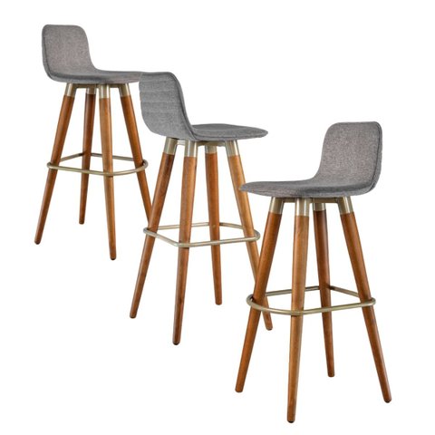 Kit 3 Banquetas Altas Línea em Linho Premium Aço Champanhe - Cinza