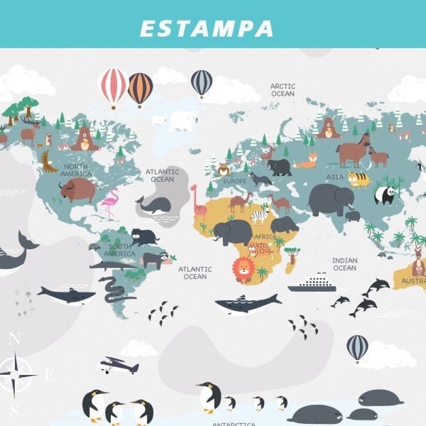 Papel de Parede - O mapa-múndi com desenhos de animais - 4