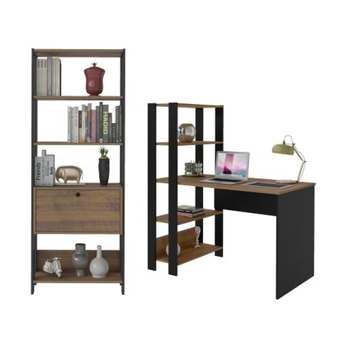 Conjunto Home Office Match c/ Escrivaninha e Estante Pinho/Preto Artely