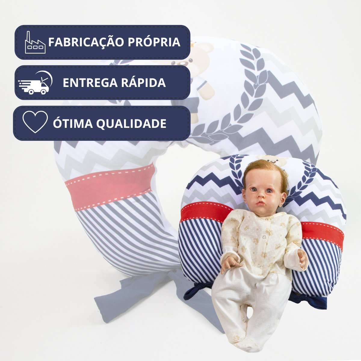 Almofada Amamentação Estampada Bebê Menino com Enchimento e Zíper - Urso Rei - 5