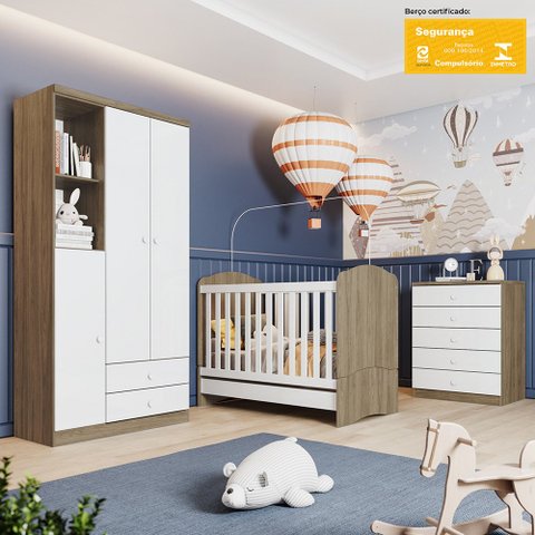 Quarto de Bebê com Guarda Roupa 3 Portas Cômoda e Berço Flocos Casa 812