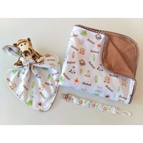 Manta Baby, Enxoval, Saída Maternidade, Chá de Bebe, Naninha, Prendedor Chupeta, Safari