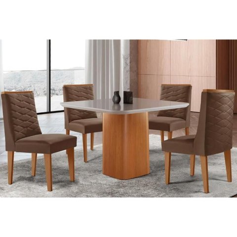 Conjunto: Mesa Sala Jantar Maldivas Tampo c/ Vidro Curvo 90cm+4 Cadeiras Dafne Madeira Naturale/Off