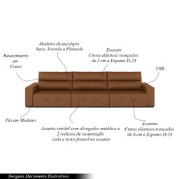 Sofá Retrátil 4 Lugares 284cm 3 Módulos Nero com USB Couro Manchado Claro G52 - Gran Belo - 4