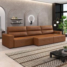 Sofá Retrátil 4 Lugares 284cm 3 Módulos Nero com USB Couro Manchado Claro G52 - Gran Belo - 1