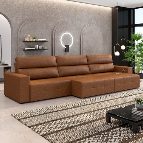 Sofá Retrátil 4 Lugares 284cm Nero Usb Couro Caramelo Manchado G52 - Gran Belo