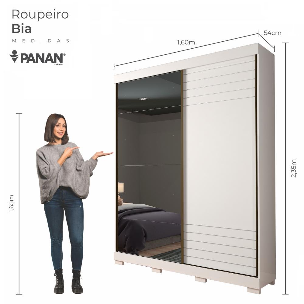 Guarda Roupa Armário Roupeiro Casal MDF Portas de Correr 4 Espelhos 2 Prateleiras 3 Gavetas Branco - 3