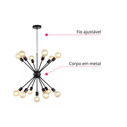 Lustre Pendente Sputnik Preto para 12 Lâmpadas Moderno Luxo Inl70 - 4