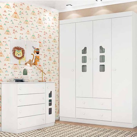 Quarto Infantil Lívia Completo 2 Peças Roupeiro 4 Portas e 2 Gavetas + Cômoda Sapateira para Quarto