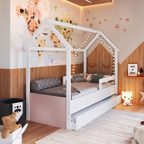 Cama Infantil Montessoriana Casinha com Cama Auxiliar Ccm020 Infanto Branco Rosa Completa Móveis