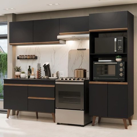 Cozinha Completa Pieta 8 Portas 1 Gaveta MDP 260cm Preta Madesa