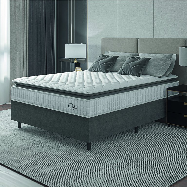 Cama Box Colchão Casal Molas Ensacadas City Pillow Top 138x188x61cm Branco / Cinza Hellen