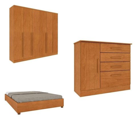 Conjunto Guarda Roupa Casal com Puxador MDF Portugal, Cama Casal Monaco e Cômoda Chicago Bege/Cinamo