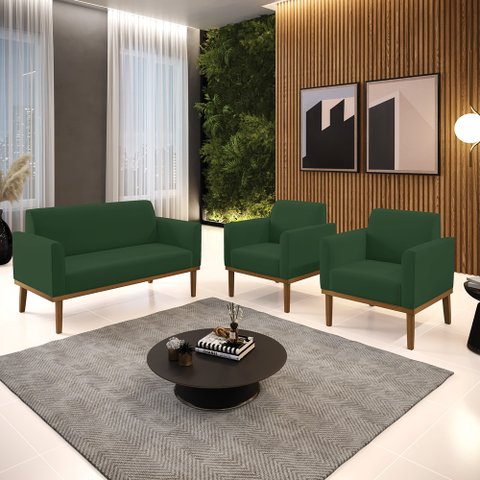 Conjunto 2 Poltronas e 1 Namoradeira Decorativa Isabella Pés Fixo em Madeira Castanho Veludo Verde e