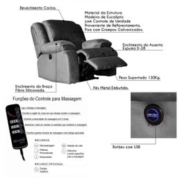 Poltrona do Papai Reclinável Elétrica com Massagem e USB Magnum Veludo Cinza - Gran Belo - 3