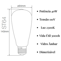 Lâmpada Retrô St64 Carbono Dimerizável Âmbar 40w 110v - 4