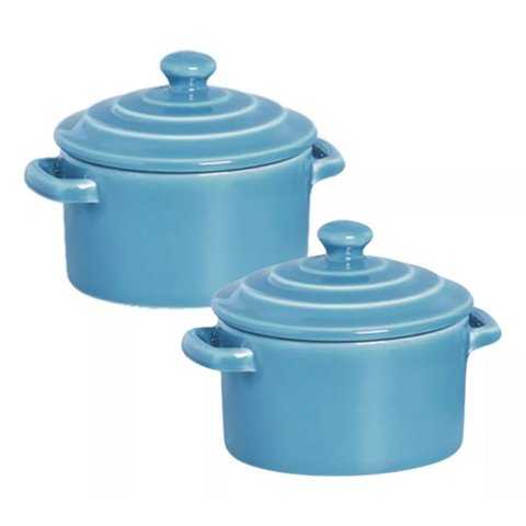 Kit 2 Mini Caçarola Cerâmica Azul Esmaltada 250ml Moderna Panelinha para Festa Buffet Servir