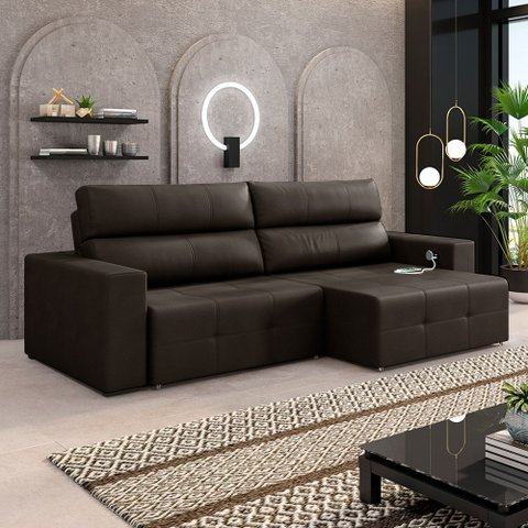 Sofá Retrátil 3 Lugares 244cm 2 Módulos Nero com USB Couro Marrom G52 - Gran Belo