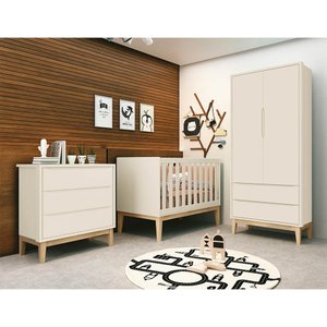 Kit Quarto Infantil Theo Square Areia – Cômoda 3 Gavetas + Guarda-Roupa 2 Portas com Pés em