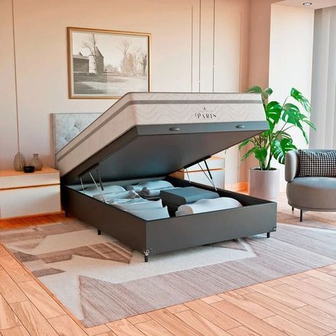 Cama Box Baú Viúva Couro Preto + Colchão Paris Molas Branco Couro Preto/branco