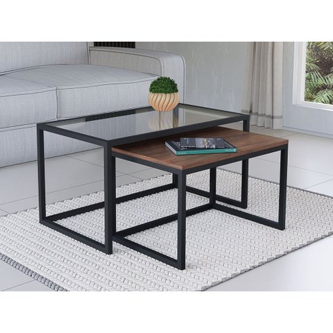 Conjunto Mesa de Centro Industrial 65cm e 60cm Preto Duo Vidro e Madeira Don Castro Decor Imbuia