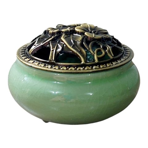 Turíbulo Incensario Metal e Porcelana 10 Cm Defumador Verde