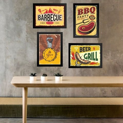 Kit 4 Quadros Placas Vintage Churrasco 33x24cm - com Vidro:moldura Preta