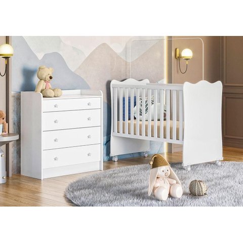 Quarto Infantil Lua Encantada Berço e Cômoda Trocador Branco
