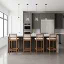Ver imagem 3 de Kit 4 Banquetas Madeira Mel com Linho Cru Bandada com Encosto Palha Rattan