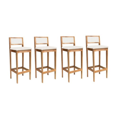Kit 4 Banquetas Madeira Mel com Linho Cru Bandada com Encosto Palha Rattan